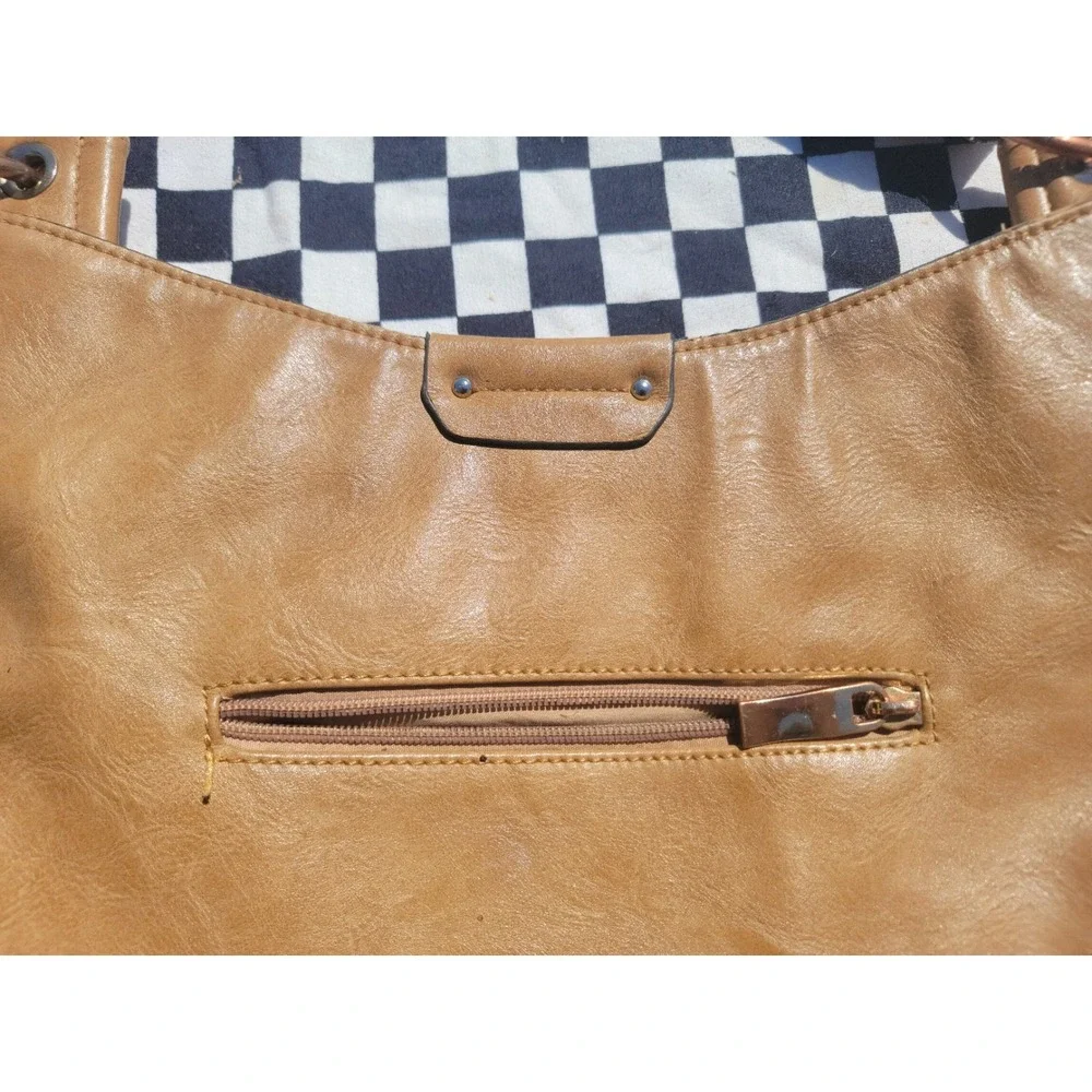 Tan Faux Leather Canvas‎ Hobo Shoulder Bag Tassel Zip Trim Distressed